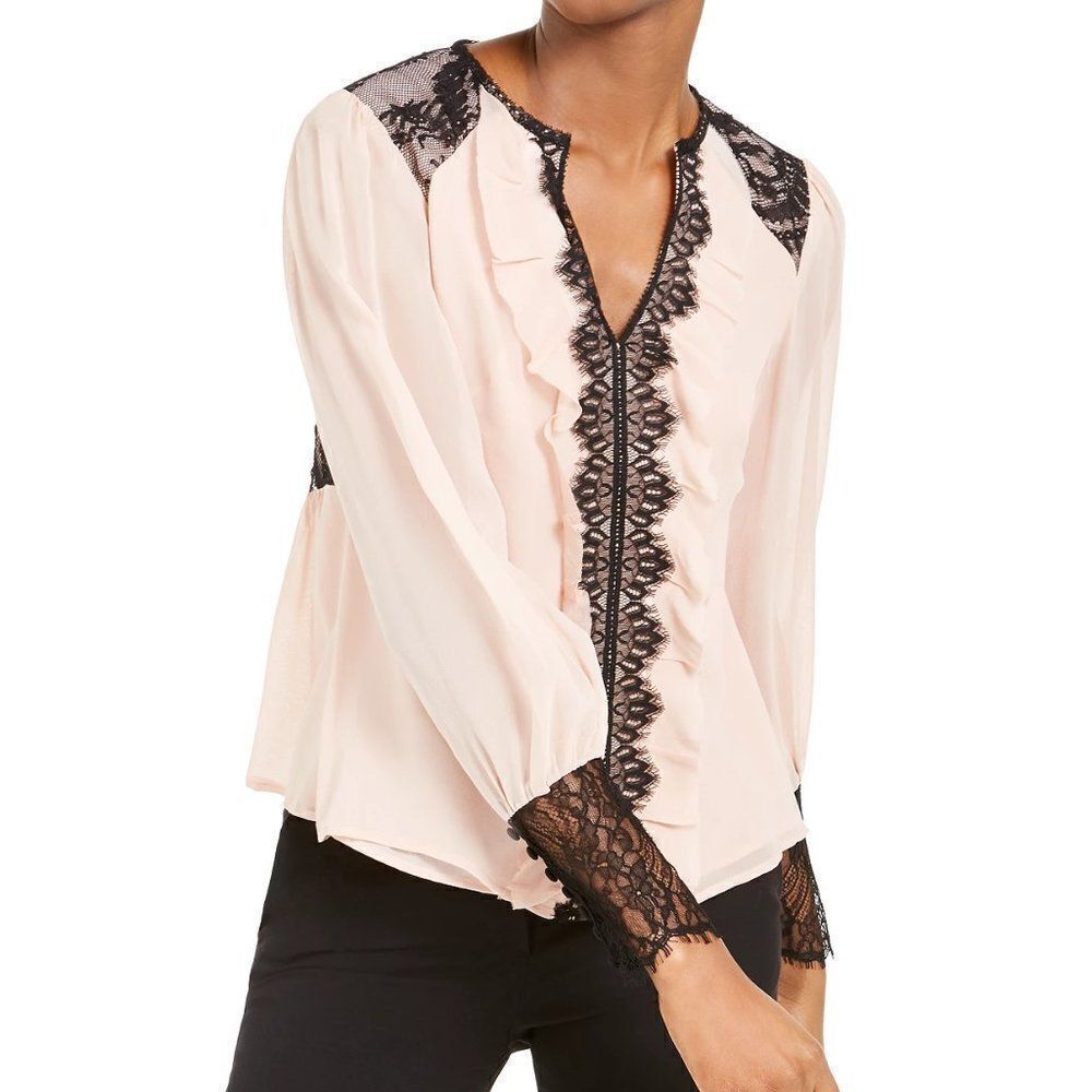 Nanette Lepore Silk Lace-Trim Blouse size 12 in Pink/Black - NEW